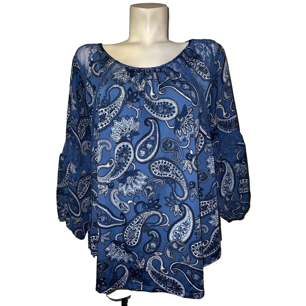 Roz & Ali Blue Paisley Lace Accent 3/4 Bell Sleeve Blouse Top Plus Size 2X